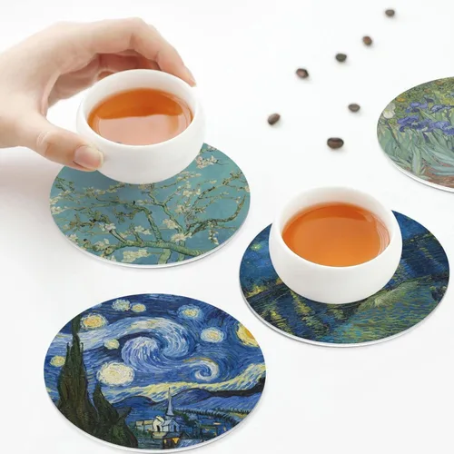 Vista 6 de Posavasos Van Gogh para decoración de bar en el hogar 4 posavasos redondos de cuero para pintura artística para bebidas; almohadillas para 8