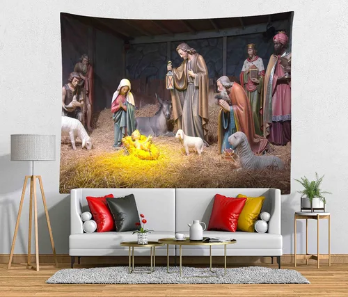 Vista 4 de Loccor Tapiz de Navidad Escena del Nacimiento Pesebre Escena del Nacimiento del Bebé Jesús Tapiz para Colgar en la Pared Tapestries Religiosos