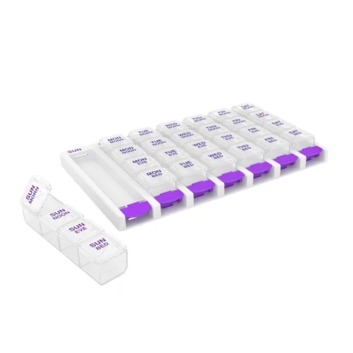 Vista 8 de EZY DOSE Semanal (7 días) 4 veces al día, organizador de pastillas con botón pulsador y planificador de vitaminas, pastilleros diarios extraíbles
