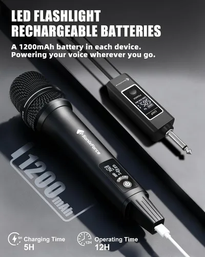 Vista 6 de Micrófonos inalámbricos, micrófono de karaoke profesional, sistema UHF de doble micrófono con rango de 260 pies, micrófono portátil de metal