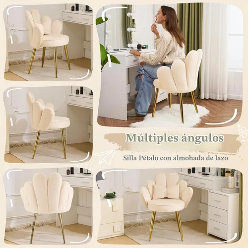 Vista 5 de Vingli Silla de Maquillaje de Pétalos con Respaldo, Silla Linda de Escritorio para Niñas Cómoda Sin Ruedas, Silla Moderna de Comedor, Silla