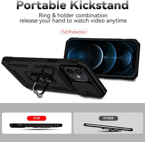 Vista 7 de Funda para iPhone 12 Mini con cubierta para lente de cámara, protector de pantalla HD, doble capa de protección contra caídas de grado militar