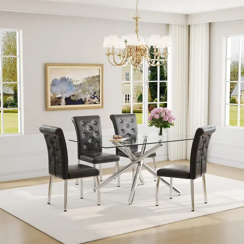 Vista 34 de Juego de mesa de comedor moderna para mesa de comedor negra de 4,63 pulgadas, juego de 4 con patas de metal dorado, mesa de cocina rectangular