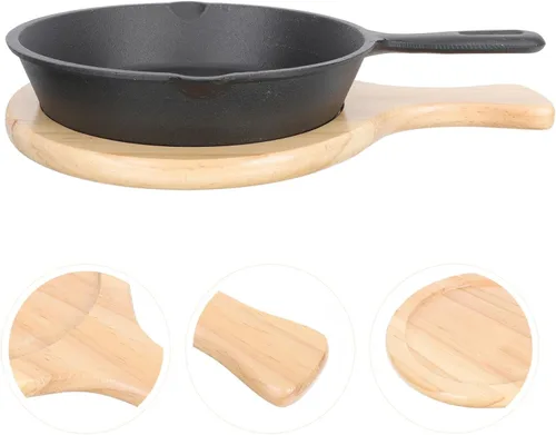 Vista 5 de Sartén antiadherente de hierro fundido grueso con mango y tabla de madera, sartén de cocina para el hogar para huevos, panqueques, pizza y carne