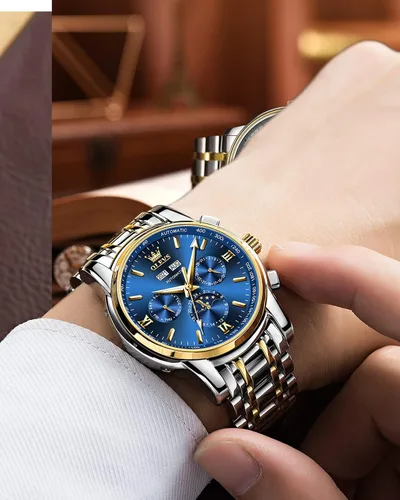 Vista 7 de OLEVS Relojes automáticos para hombre diseño de esqueleto Tourbillon cuerda automática reloj de pulsera de lujo fase lunar fecha impermeable