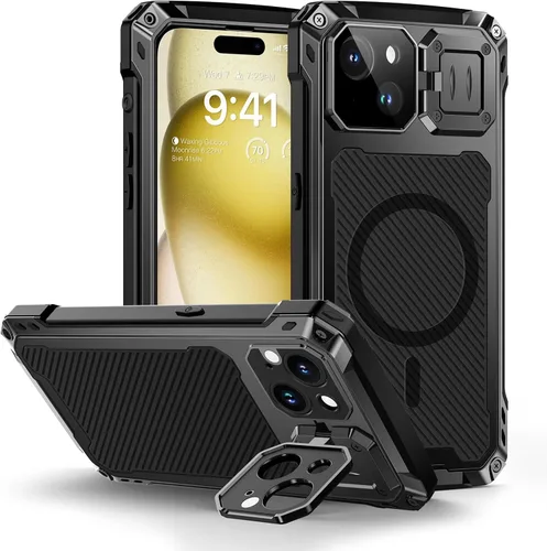 Vista 8 de Lanhiem Funda de metal para iPhone 13 con funda de cámara y soporte [compatible con MagSafe] [Soporte integrado] [Protección de grado militar] Funda