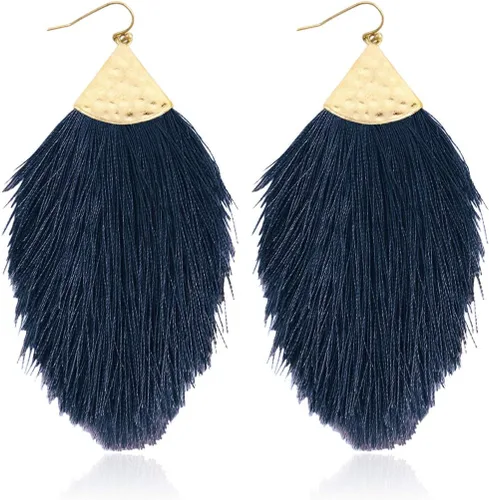 Vista 21 de Aretes bohemios de hilo sedoso con flecos y borlas – Ligeros, colgantes, con hebras y forma de pluma Fleco de plumas - Azul Aqua