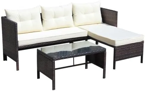 Vista 7 de Sofá al aire libre, juego de muebles de mimbre de ratán de 3 piezas con cojines beige, muebles de porche duraderos para balcón