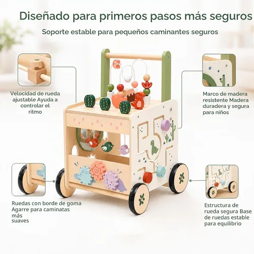 Vista 5 de Andador de madera para bebés, andador Montessori con centro