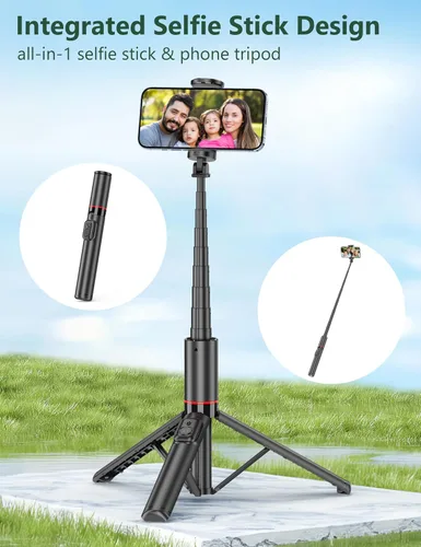 Vista 6 de Trípode para selfie stick de 52 pulgadas, trípode extensible de aluminio todo en 1 para teléfono celular con control remoto, rotación de 360°
