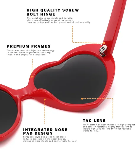 Vista 6 de NULOOQ Gafas de sol polarizadas en forma de corazón para mujer, estilo retro a la moda, marco grande, estilo encantador con protección UV 100%