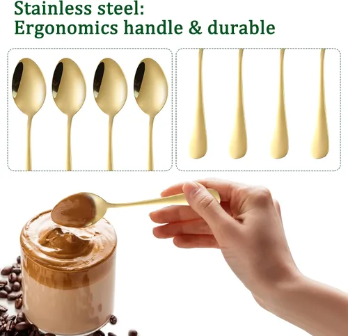 Vista 2 de SourceTon Juego de 8 cucharas de café de acero inoxidable chapadas en oro para postre, azúcar, té, aperitivos (4.9 pulgadas)