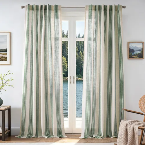 Vista 7 de DriftAway Cortinas de estilo granja con rayas verticales de lino mezclado texturizado con filtro de luz semitransparente para sala de estar