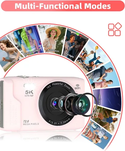 Vista 4 de Cámara digital 5K para fotografía 2 baterías 32GB tarjeta rosa