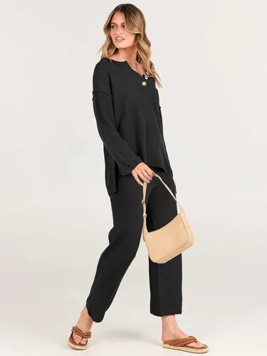 Vista 5 de ANRABESS Conjunto de 2 piezas para mujer, conjunto de suéter holgado holgado de punto de gran tamaño, conjunto de ropa de descanso a juego de moda