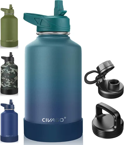 Vista 58 de CIVAGO Botella de agua aislada de 22 onzas con pajita, frasco de agua deportiva de acero inoxidable con 3 tapas