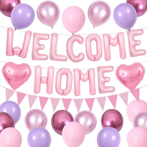 Vista 12 de Decoraciones Welcome Home Negro Azul Plateado, Pancarta de Globos de Papel de Aluminio Negro Welcome Home con Globos de Corazón Azul Marino Banderín