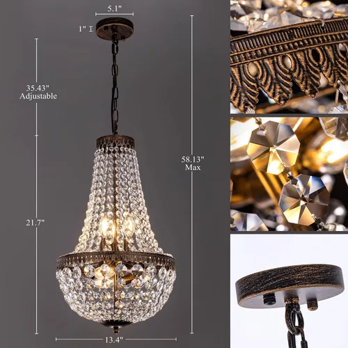Vista 3 de Wellmet Candelabro de cristal de imperio francés de 13 pulgadas, lámpara colgante de techo ajustable de bronce antiguo para comedor, sala de estar