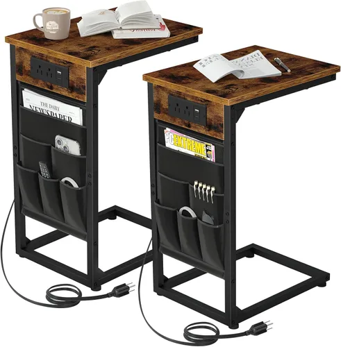 Vista 13 de AMHANCIBLE - Mesa auxiliar en forma de C con estación de carga, juego de bandeja para TV de 2 piezas, mesas de sofá con bolsa de almacenamiento