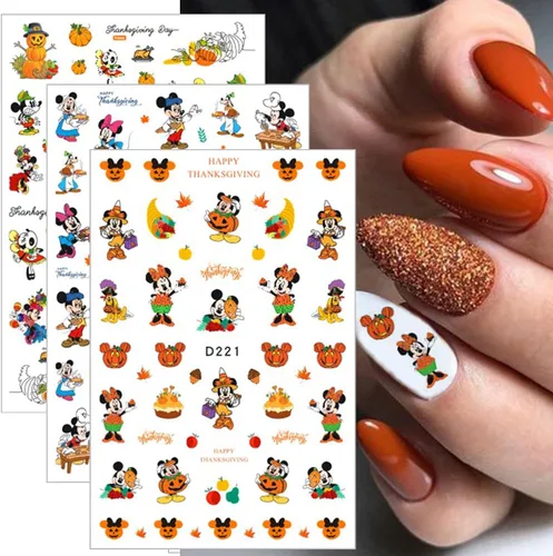 Vista 5 de 12 hojas de calcomanías de arte de uñas de hojas de arce de dibujos animados, calcomanías autoadhesivas 3D, calabazas de otoño, diseños