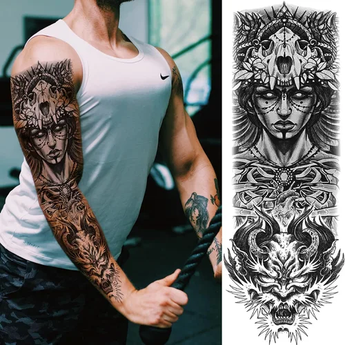 Vista 2 de Mangas temporales de tatuaje de bosque, brazo completo, lobo grande, león, animal, bosque, tribal, tatuajes falsos para hombres, mujeres y adultos