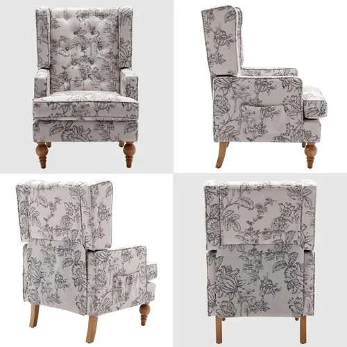 Vista 4 de DUOMAY Silla decorativa copetuda, moderna silla tapizada de lino con respaldo lateral para sala de estar, dormitorio con patas de madera, cómoda