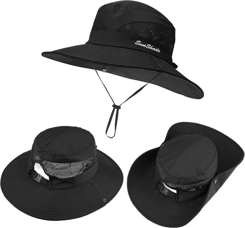 Vista 49 de Sombrero de pesca de playa de ala ancha para mujer, con protección UV, plegable, con agujero para cola de caballo
