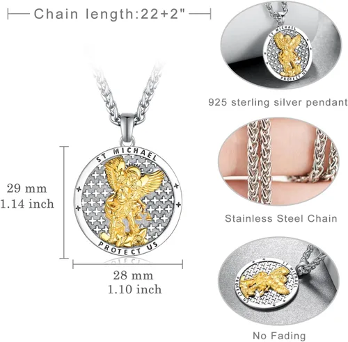 Vista 4 de Collar de San Miguel de plata de ley 925, collar de Arcángel Miguel colgante de San Miguel para hombres, joyería de medalla de amuleto para hombres