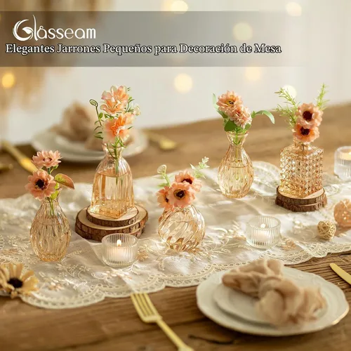 Vista 6 de Glasseam Jarrones de cristal para centros de mesa: pequeño jarrón de flores, juego de 4 mini jarrones vintage para flores, jarrón de centro de mesa