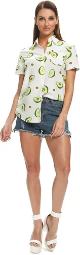 Vista 4 de Aeslech Camisa hawaiana ligera con estampado de girasol, limón y aguacate para mujer