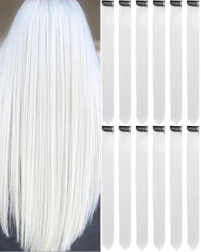 Vista 14 de 12 extensiones de cabello negro con clip, extensiones de cabello de color de 22 pulgadas, extensiones de cabello sintético largo y lacio para mujer