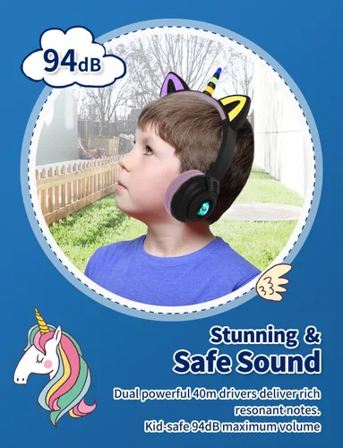 Vista 8 de Unicornio Bluetooth Niños Auriculares Plegables para Niñas (Negro)