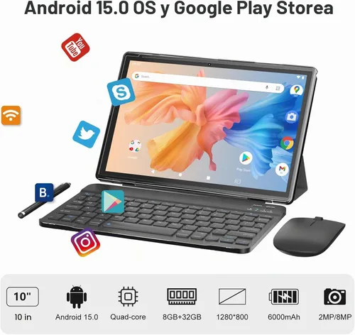 Vista 4 de Tablet Tablet Android 15 de 10 pulgadas con teclado Stylus 8GB RAM 2 en 1 Tablets incluye mouse y funda protectora, batería de larga duración