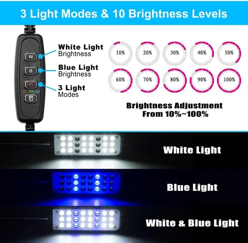 Vista 3 de DaToo Luz de acuario pequeña luz LED clip para pecera 1.5W con temporizador y atenuador, 1 año de garantía