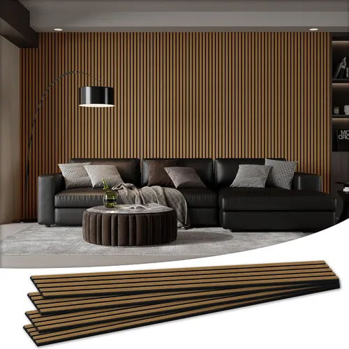 Vista 17 de Paquete de 4 paneles acústicos de pared de 105.9 x 12.6 x 0.8 pulgadas, absorbentes de sonido, paneles de pared de listones de madera para Teca
