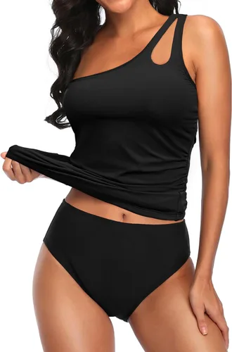 Vista 4 de Talisea Traje de baño tankini de dos piezas con un hombro para mujer, traje de baño con control de abdomen