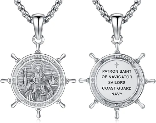 Vista 57 de Collar con colgante de amuleto de medalla de San de plata 10A-St Michael Oval