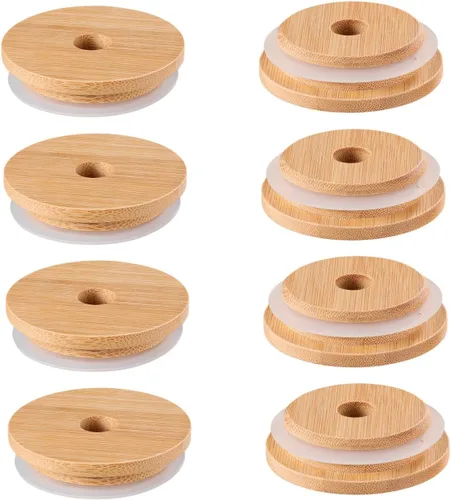 Vista 7 de Hemoton 8 tapas para tarros Mason con agujero para pajilla, tapa de tarro de bambú para conservas, tapas reutilizables para tarros de conservas