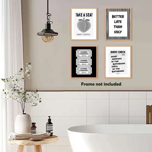 Vista 3 de Pleonox - Impresiones de arte de pared de baño divertidas en negro y blanco en lienzo 8x10 Pulgadas, juego de 4, decoración de pared de ducha