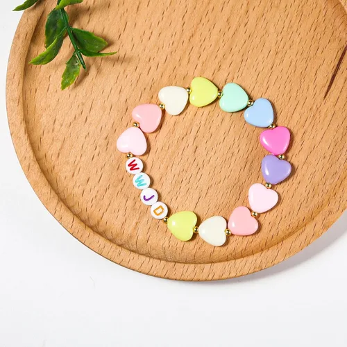 Vista 3 de Caiyao Pulsera elástica ligera con cuentas de corazón arcoíris WWJD para mujer, con texto en inglés What Would Jesus Do Hand, pulseras elásticas