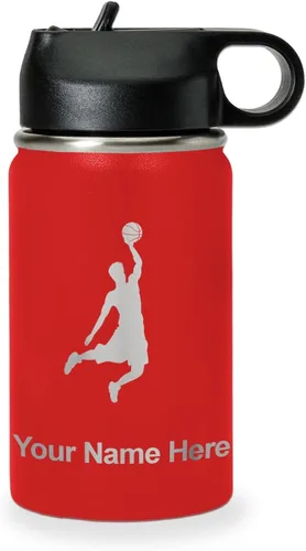 Vista 13 de LaserGram Botella de Agua Personalizada, Basketball Slam Dunk Man, Acero Inoxidable de Doble Pared con Aislamiento al Vacío con Pajita Abatible