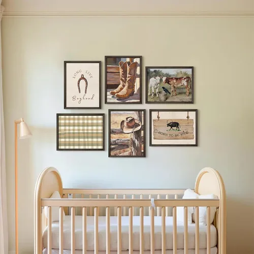 Vista 7 de Arte de pared de vaquero, imágenes en lienzo para guardería, decoración de pared de vaca occidental, impresiones de habitación de niños, póster