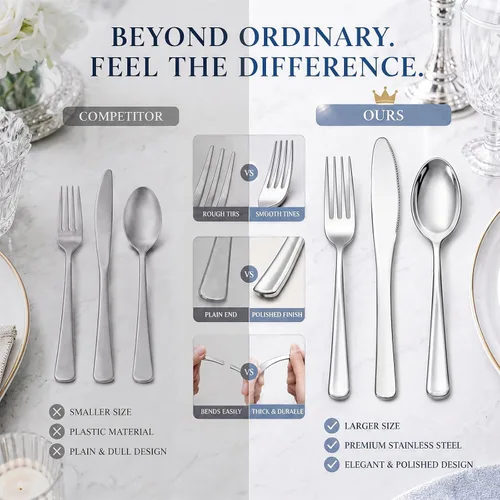 Vista 5 de WDF 180 cubiertos de plástico plateado – cubiertos de plástico plateado – cubiertos de plástico elegante resistente – 60 tenedores, 60 cuchillos, 60