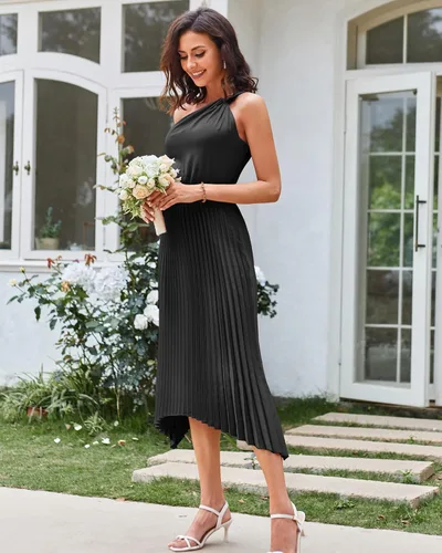 Vista 6 de GRACE KARIN Vestido de satén de verano 2023 con un hombro descubierto para mujer, sin mangas, plisado, vestido midi sexy de cóctel