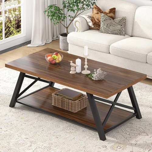 Vista 13 de EXCEFUR Mesa de centro moderna, mesa central rectangular para sala de estar con estante de almacenamiento, mesa de té de cóctel industrial de madera