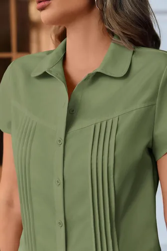 Vista 2 de Cicy Bell Blusas de manga corta con botones para mujer, plisadas, ajuste ceñido, elegantes casuales de verano