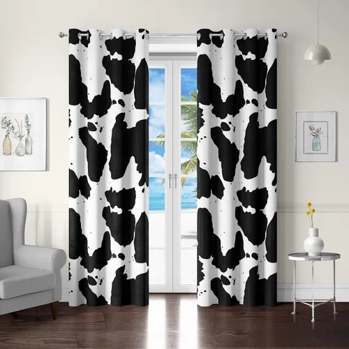 Vista 2 de Tritard Cortinas de oscurecimiento de habitación con estampado de vaca, 2 paneles con ojales, diseño de animales occidentales, color blanco y negro