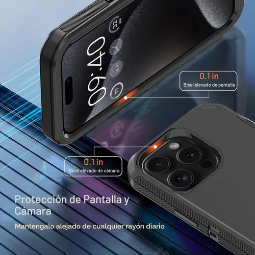 Vista 3 de Funda para iPhone 15 Pro Max con 2 protectores de pantalla, protección contra caídas a prueba de golpes, cuerpo completo, resistente, 3 capas, Negro