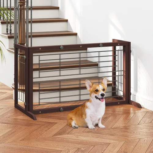 Vista 7 de COZIWOW Puerta para perros de 38 a 67 pulgadas, puerta independiente para mascotas, extra ancha, valla de madera para cachorros, puertas