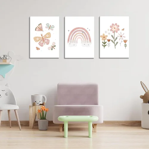Vista 4 de Lienzo bohemio rosa para cuarto de bebé, arte de pared para habitación de niños, decoración de pared, diseño de flores de mariposa para niños